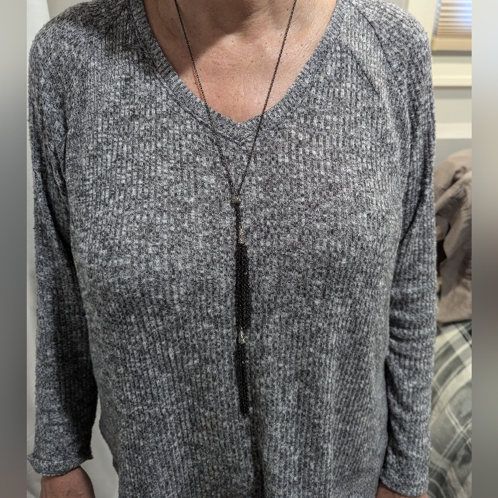 Dark silver color necklace with adjustable length tassel, slip over head